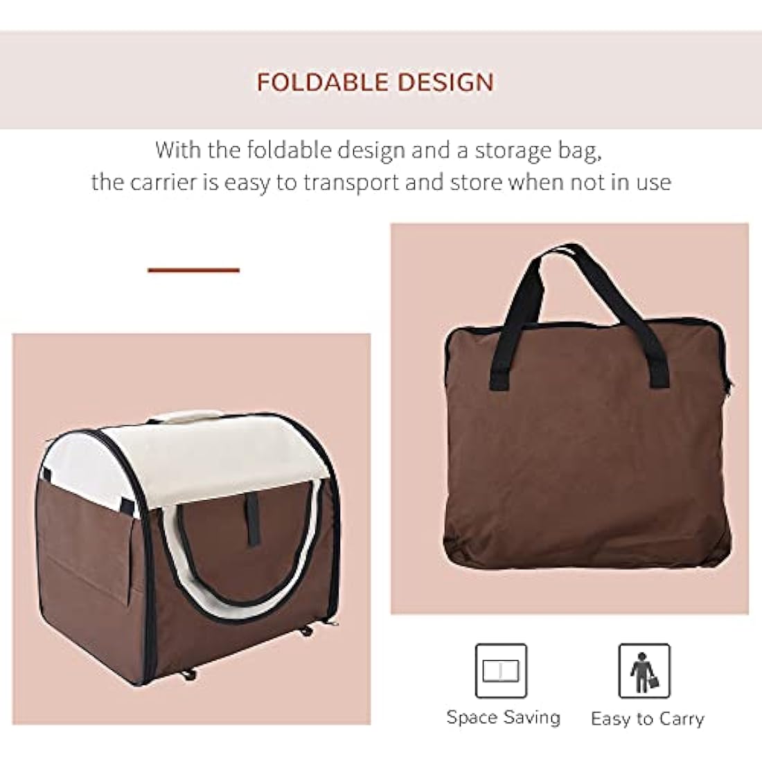 Pawhut Folding Fabric Soft Pet Crate Dog Cat Travel Carrier Cage Kennel House Brown 46L x 36W x 41H cm