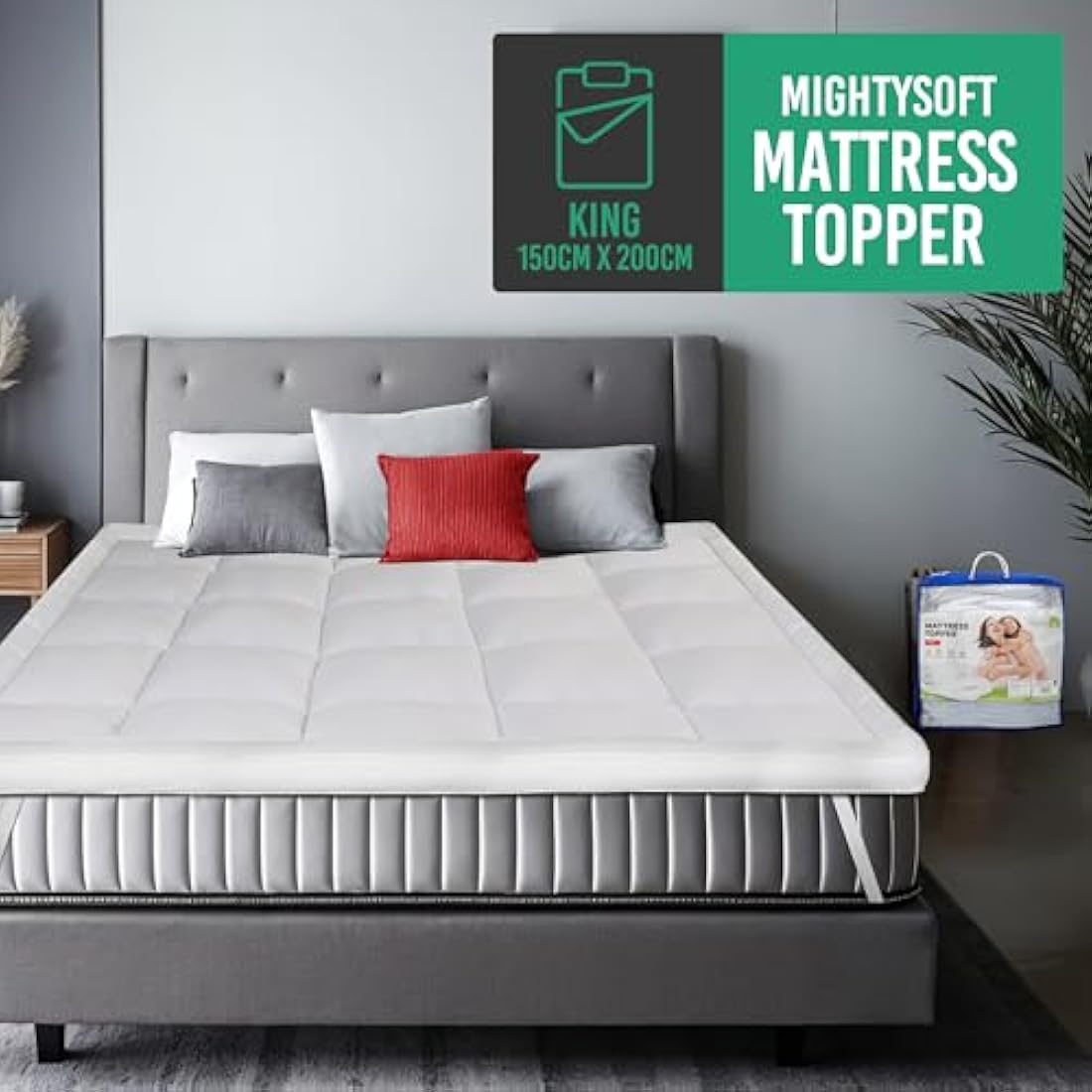 MightySoft Mattress Topper Kingsize Bed 10cm Thick - Quilted, Extra Deep, Ultra Fluffy and Breathable Microfiber Topper, Securely Fits with Elastic Straps, Enhances Comfort & Supports Restful Sleep
