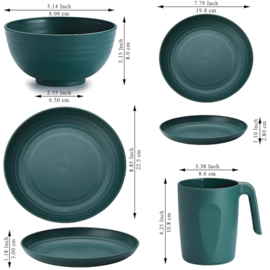 Kyraton Plastic Dinnerware Sets of 32 Pieces Service for 8, Unbreakable and Reusable Light Weight Plates Mugs Bowls Dishes Easy to Carry and Clean Microwave Safe BPA Free Dishwasher Safe