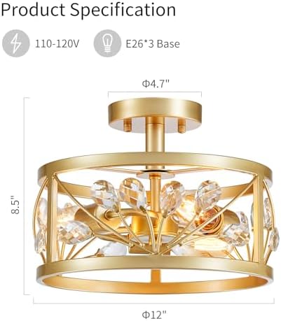 WUZUPS Crystal Leaf Chandelier 3-Light Vintage Farmhouse Industrial Semi-Flush Mount Ceiling Light Modern Lighting Fixture Foyer Hallway Storage Room Kitchen Bathroom, H 22 W 30, Gold
