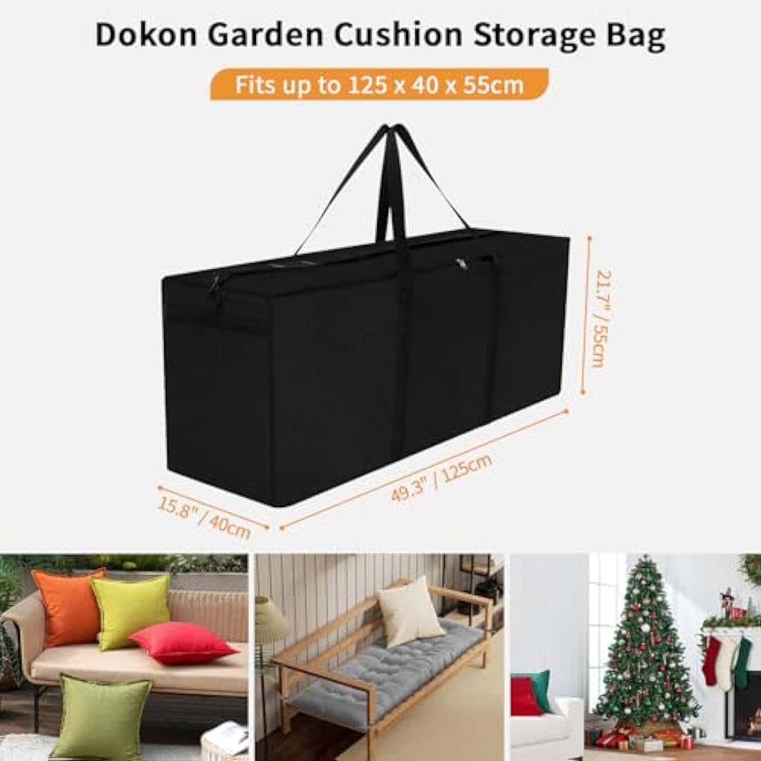 Dokon Garden Furniture Cushion Storage Bag Waterproof Christmas Tree Storage Bag Anti-UV Heavy Duty Oxford Fabric Outdoor Cushion Bags with Durable Handle and Zipper (125x40x55cm) - Black