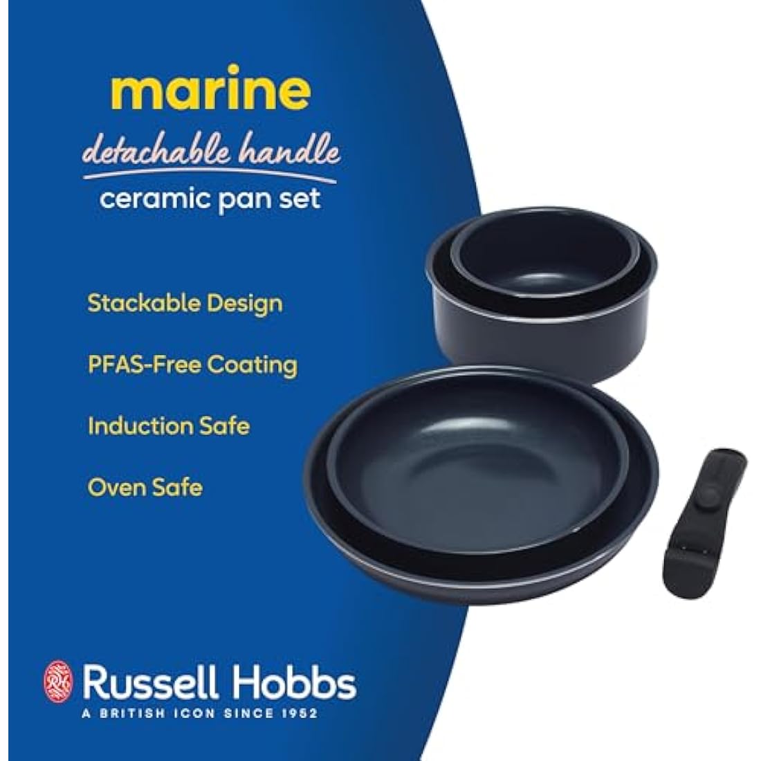 Russell Hobbs RH03319EU7 Smart Clip Pot and Pan Set – 5 Piece Ceramic Non-Stick Frying Pans & Saucepans with Detachable Handle, Stackable Design, PFAS-Free, Induction Oven Safe, Marine, Navy Blue
