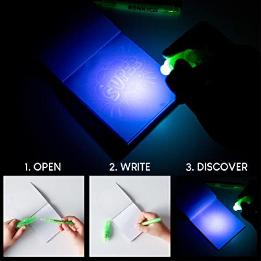 BONNYCO Invisible Ink Pen and Notebook, Pack 16 Superhero Superhero Party Bags Fillers, Pinata Toys | Birthday Decorations | Stocking Fillers for Kids Birthday | School Prizes, Gifts for Children