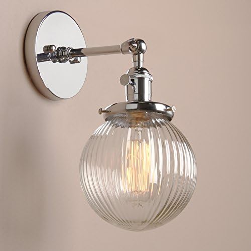 PathsOn 15cm Industrial Modern Vintage Retro Wall Lights, Loft Bar Kitchen Sconce Lights Lamp Fixture with Ribbed Globe Clear Glass Light Shade (Chrome)