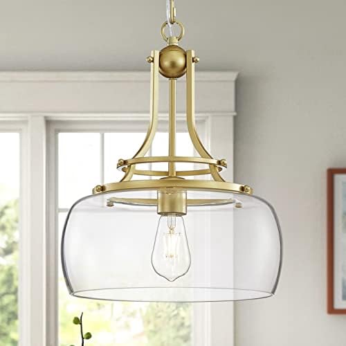 WUZUPS Chandelier Rustic Farmhouse Industrial Round Ceiling Pendant LED Light Fixture with Clear Glass Shades for Dining Room Kitchen Island Foyer Entryway, H 43 x W 34, E27 Base, Gold