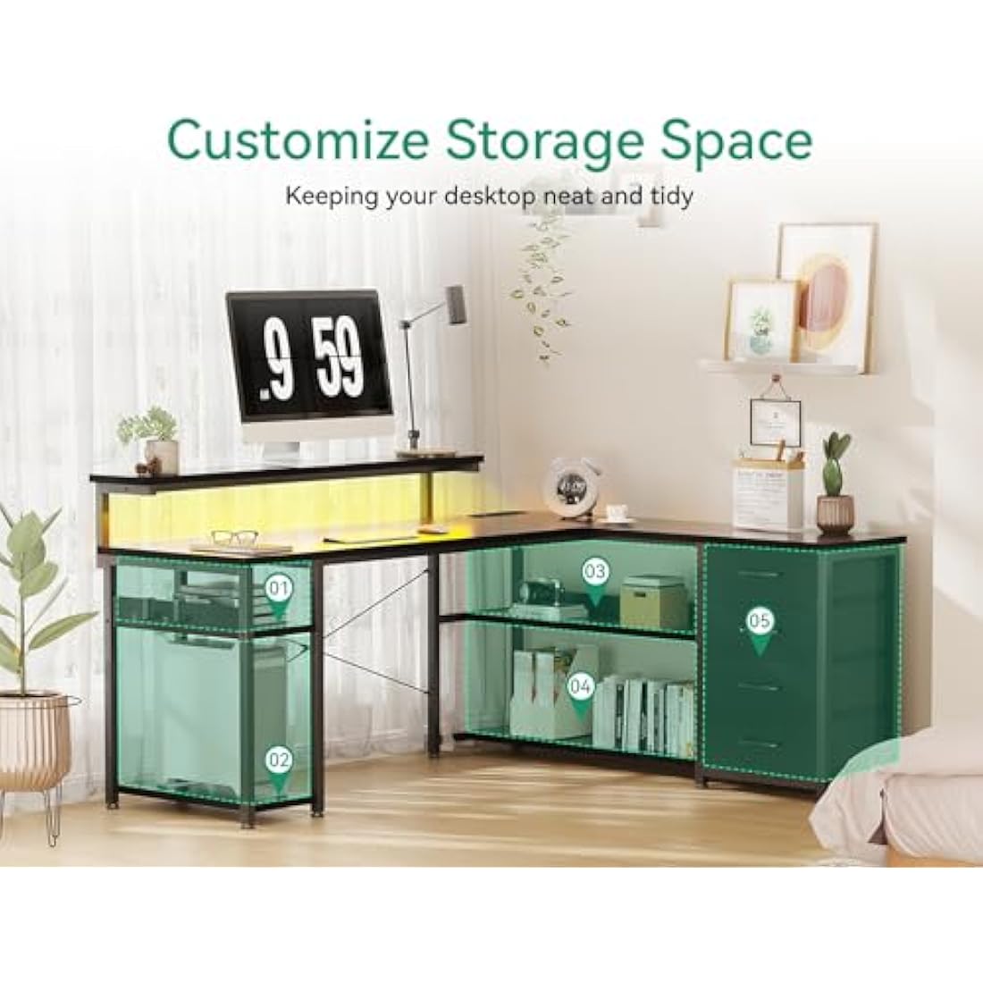 ODK Corner Desk with Drawers, L Shaped Gaming Desk with LED Lights & Power Outlets, Reversible Computer Desks for Home Office Workstation, Office Desks with Monitor Shelf, 155×110 cm, Black