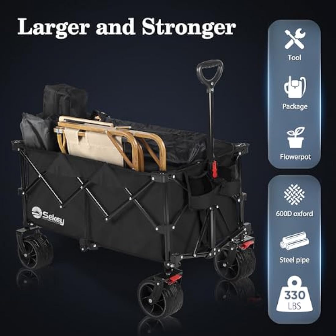 Sekey 200L Folding Festival Trolley with All-Terrain Extra Wide Wheels and Brake, Heavy-Duty Cart Loadable up to 150KG, Patented Four-Directional Foldable Design, Wagon for Beach Camping Garden, Black