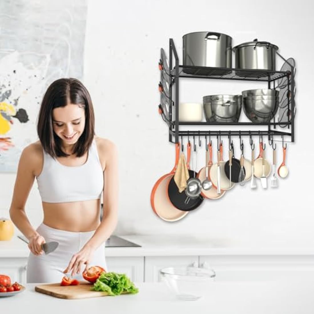VyGrow 35 Inch Pot Rack Wall Mounted, 2 Tier Pots and Pans Organizer with 20 Hooks and 6 Pot Lid Holders, Heavy Duty Steel Pot and Pan Hanger for Kitchen Cookware Utensils Storage 34.7" Lx13 Wx26.4 H