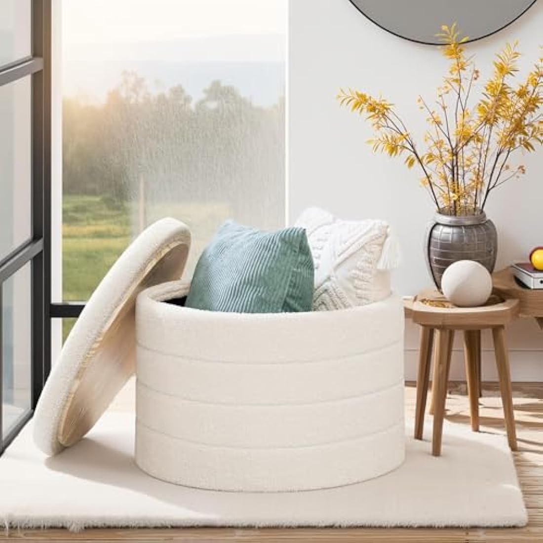 Bonlife Large Round Ottoman with Storage,Folding Boucle Stool,Ottoman Coffee Table,Chest Toy Box,Footstool for Living Room,Bedroom,White,56x56x40cm
