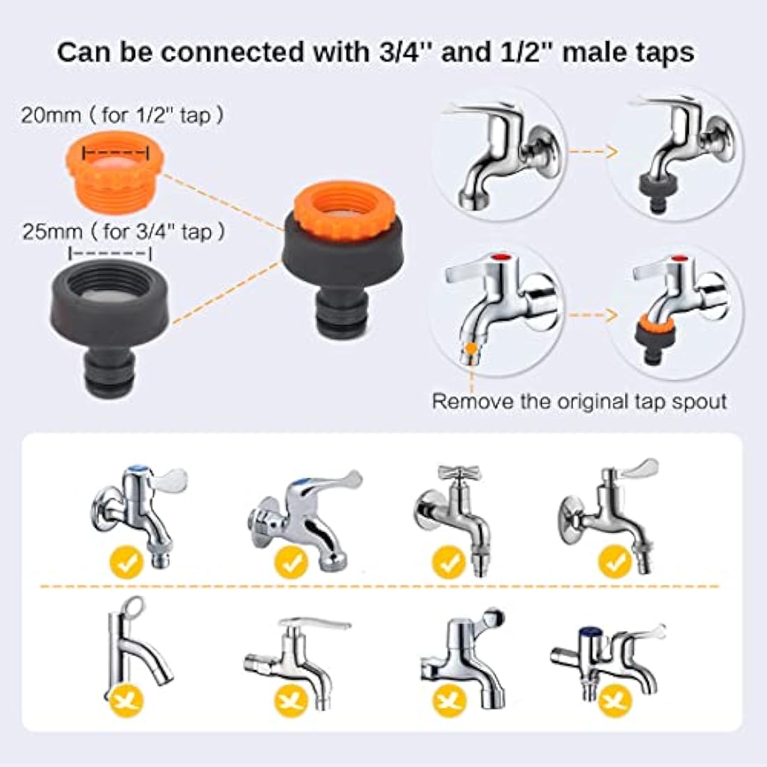 Garden Hose Connector for Hose Pipe, Outside Tap to Hose Connector Fittings Set - Quick Connector, Tap Adapter for Tap 3/4''&1/2'' 2 in 1