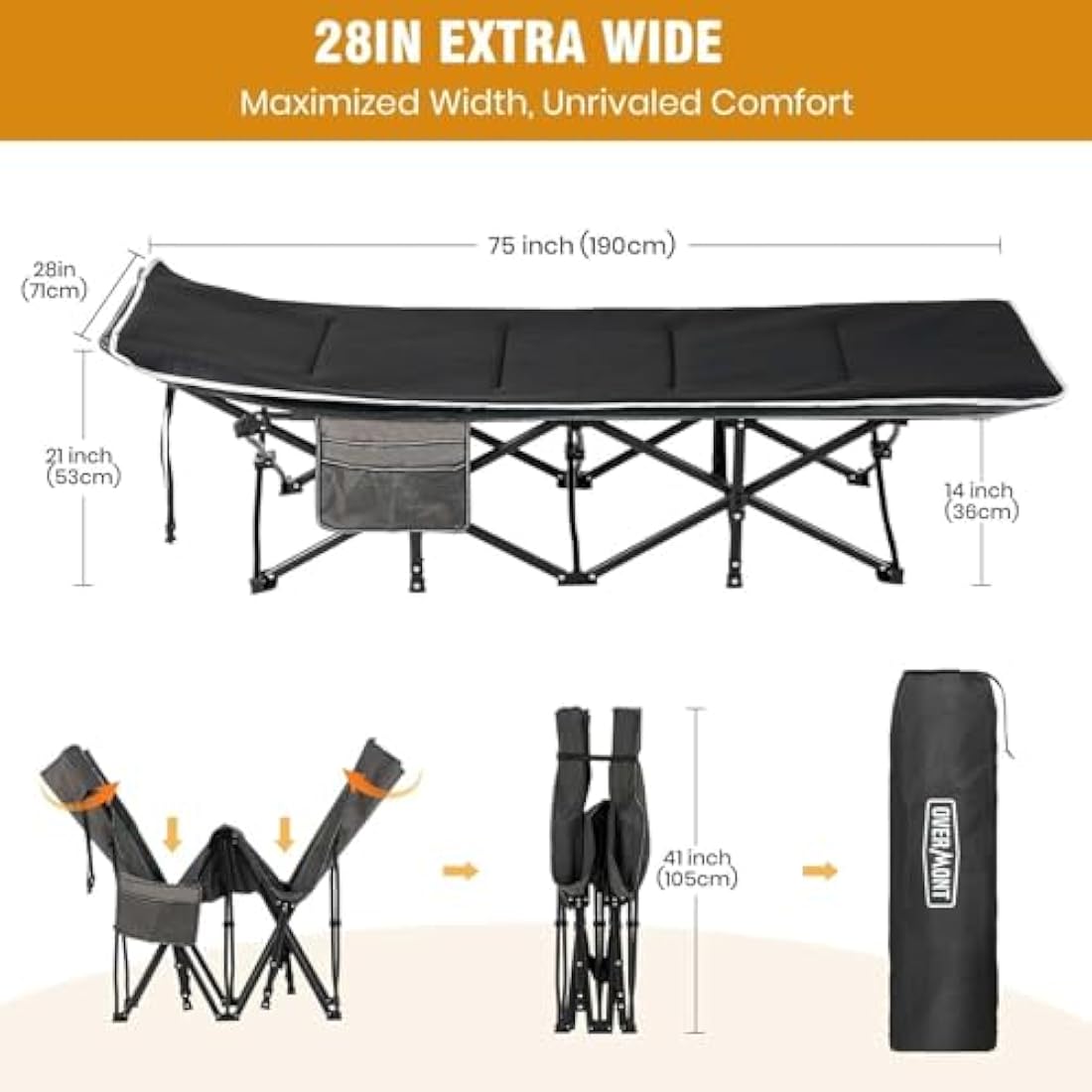 OVERMONT Oversized Folding Camping Beds with Cushion - Extra Wide Portable Folding Cot for Adults with Carry Bag for Outdoor Travel Home Office Nap, Supports 550 lbs