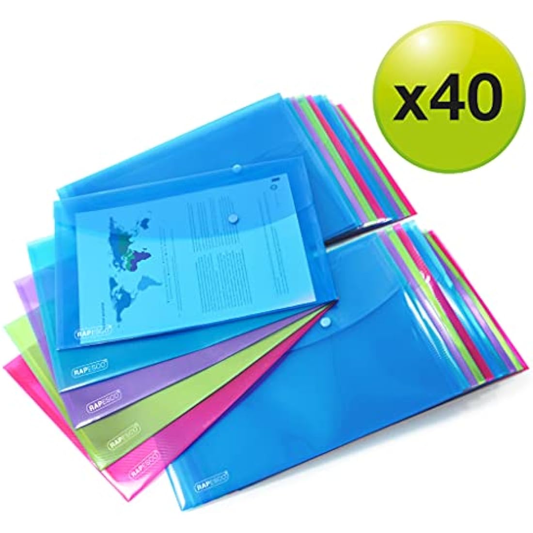 Rapesco 1678 ECO Recycled Popper Wallets, A4+, Assorted Bright Transparent Colours, Pack of 40