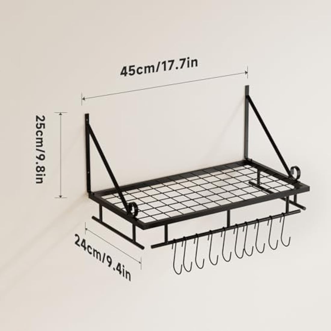 XEMQENER Wall Hanging Pan Pot Rack with 10pcs Removable Hooks, 45cm Wall Shelf with Towel Bar, Kitchen Bathroom Utensils Organizer, Hanging Shelving (45 * 24 * 25cm)