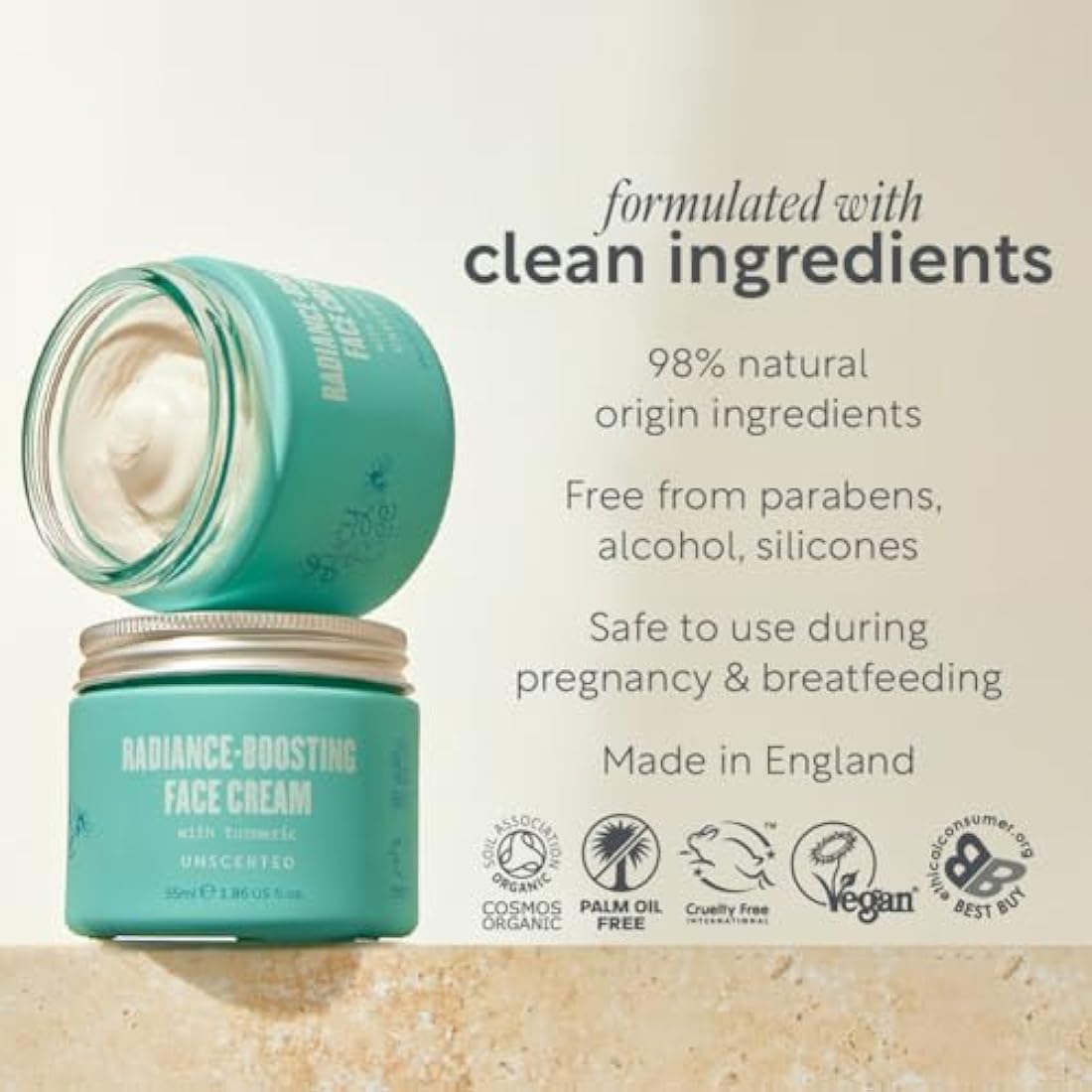 Lucy Bee Organic Radiance Boosting Face Cream, Certified Organic Face Moisturiser, Dermatologically Approved for Sensitive Skin, Vegan, Cruelty-Free, Palm Oil Free, 55ml
