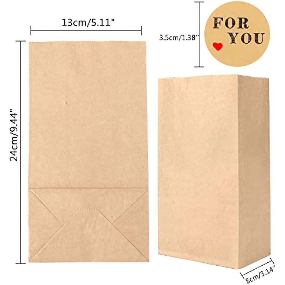 G2PLUS 50 Brown Kraft Bags - 13x8x24 CM Medium, Candy Paper Bags with Stickers for Snack, Birthday, Wedding, Easter & Xmas Party