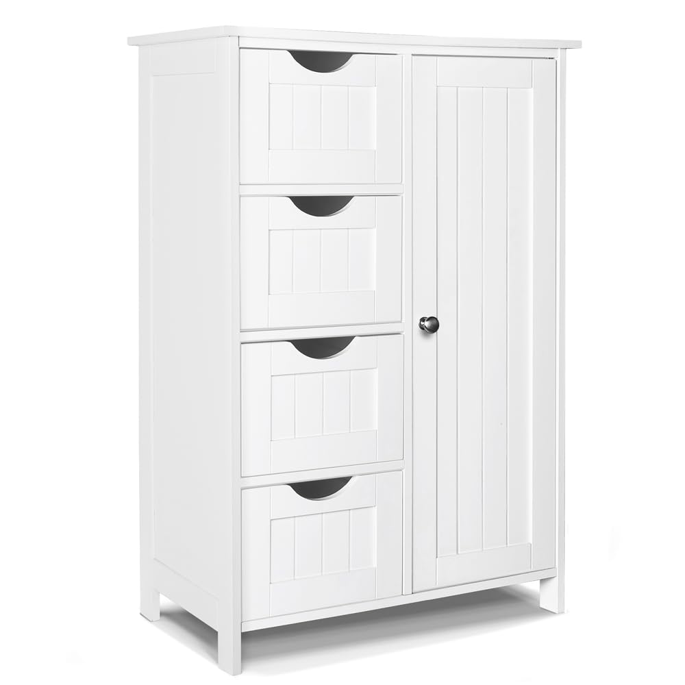 VOUNOT? Bathroom Floor Storage Cabinet, Freestanding Storage Unit with Adjustable Shelf, 4 Drawers & Door, for Bedroom, Kitchen, Living Room,
