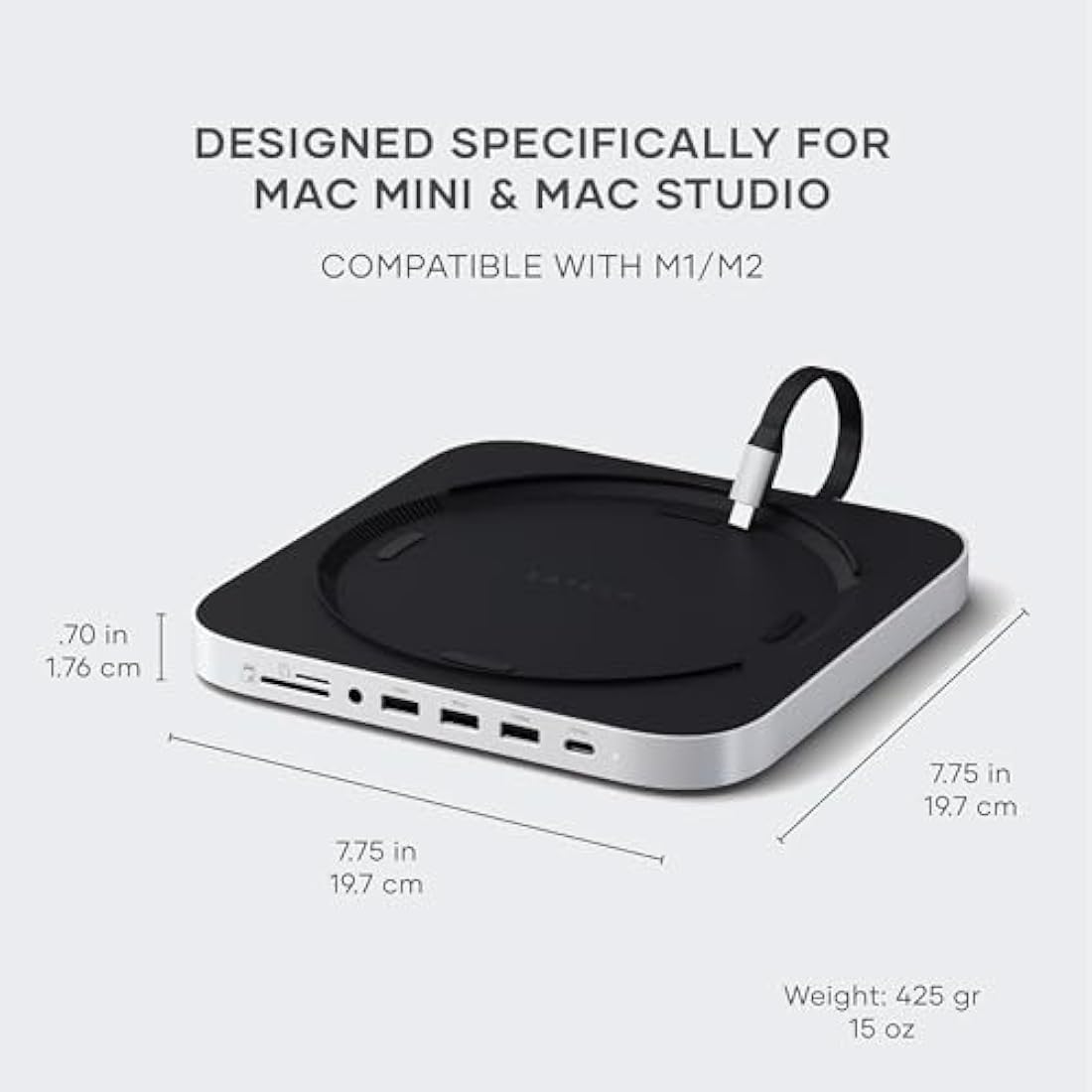 SATECHI Mac Mini Hub & Stand with SSD Enclosure for NVME/SATA M.2, Mac Mini Dock with USB-C 10Gbps, 3 USB-A 5/10Gbps, 2.0 Audio Jack, for Mac Studio, Mac Mini M2/M1 (Not Compatible with M4) – Silver