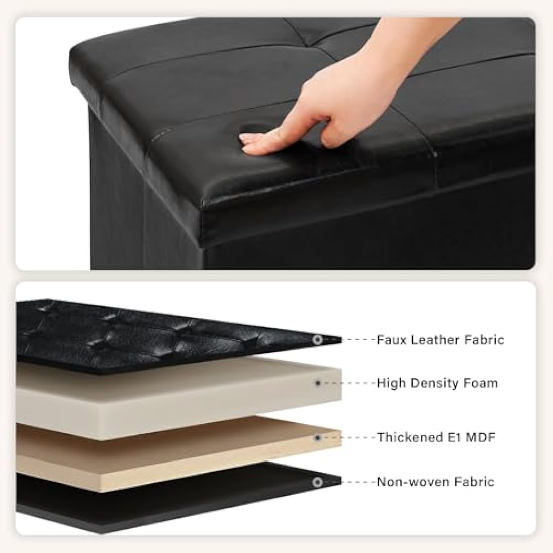 Bonlife End of Bed Storage Bench,Folding Black Ottoman Seat,Toy Chest Box Bedside Table Faux Leather Footstool for Living Room,110x38x38cm