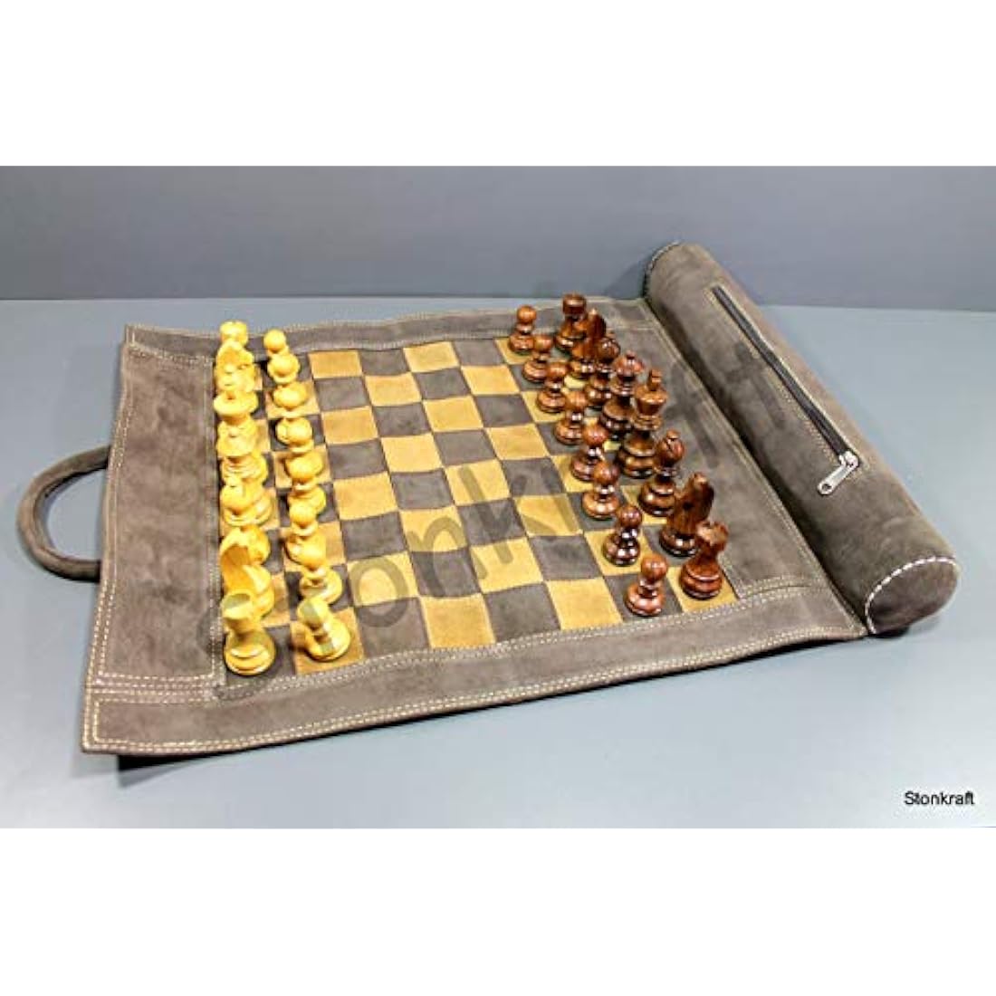 Stonkraft 19" x 15" (Chess Board Size 12" x 12") Genuine Roll-Up Leather Chess Set - With Wooden Chess Pieces - Brown Grey | Comes with a Innovative Carry Pouch