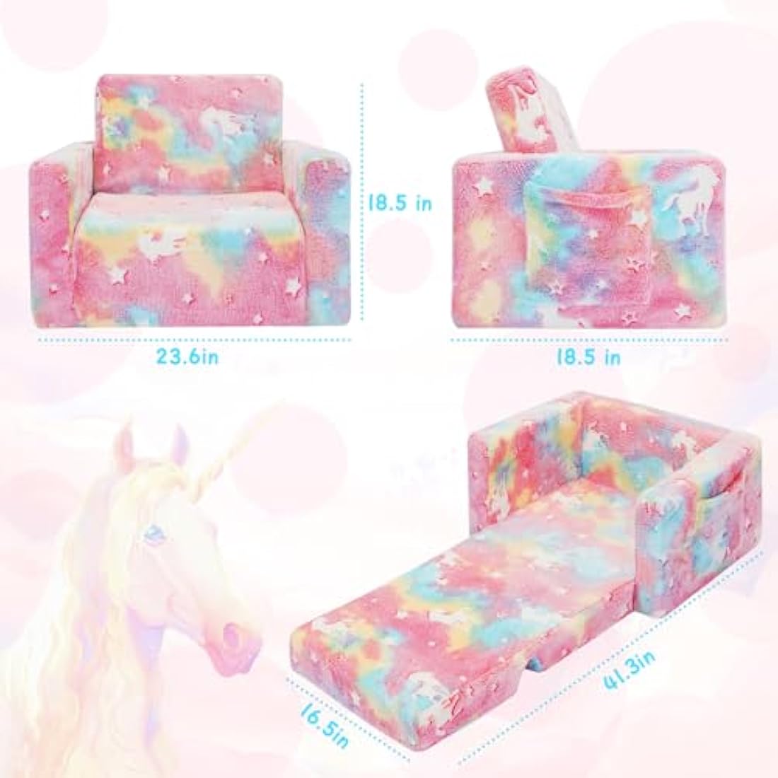 SLIGUY Toddler Couch, Kids Convertible Sofa to Lounger Pull Out Couch, Glow in the Dark Sofa Chair Gifts for Boys and Girls (Pink Unicorn)