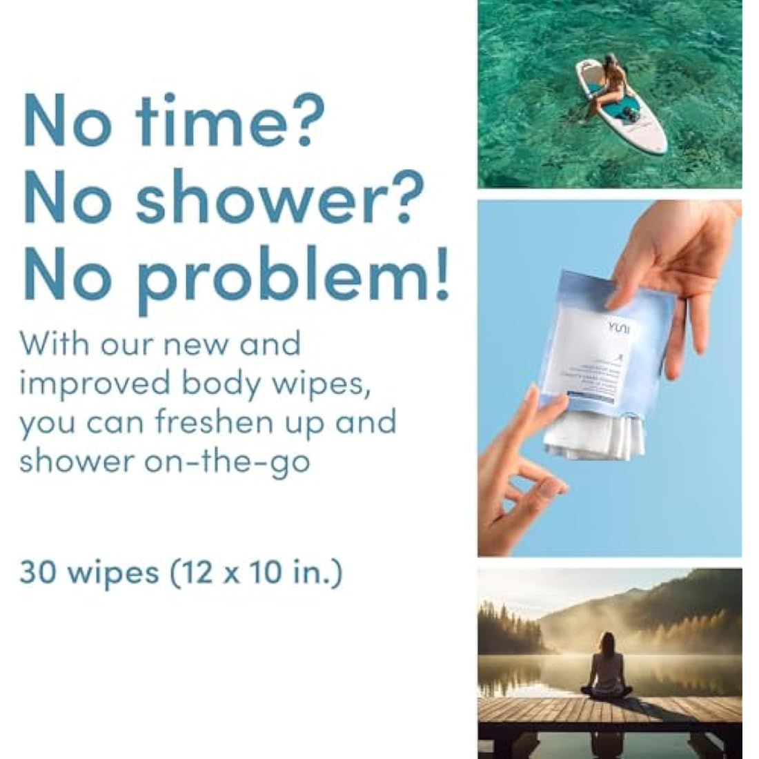 YUNI Beauty Large Body Wipes (Unscented, 30 Count) Super Soft Moist Showerless Wipes that Cleanse & Deodorize - On-the-Go Waterless Body Cleanser - Biodegradable Individually Wrapped Wipes for Travel