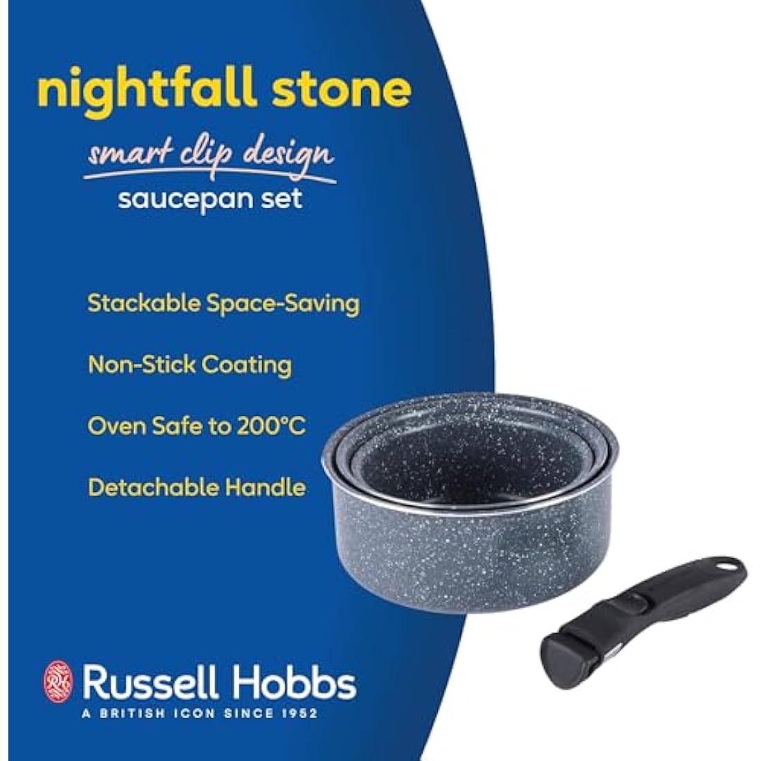 Russell Hobbs Nightfall Stone Saucepan Set – Smart Clip Non-Stick Pans, 16cm, 18cm, 20cm, Stay Cool Detachable Handle, Oven to Hob to Table Cooking, Space Saving Stackable Cookware, RH03294EU7