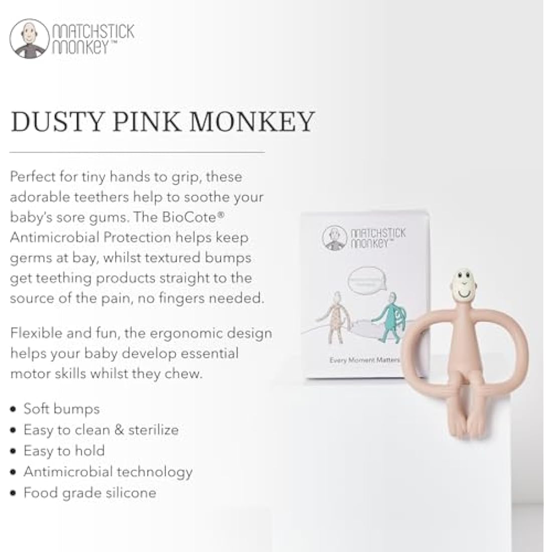 Matchstick Monkey, Original Teether & Gel Applicator, Antimicrobial Silicone Teething Toys for Baby, Easy to Grip, BPA Free, 3 Months Old+, 10.5 cm, Dusty Pink Monkey