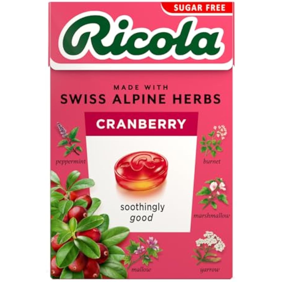 Ricola Cranberry Sugar Free Swiss Herbal Sweets, Herb Drops, Sweet Box 45g - Pack of 20 Boxes