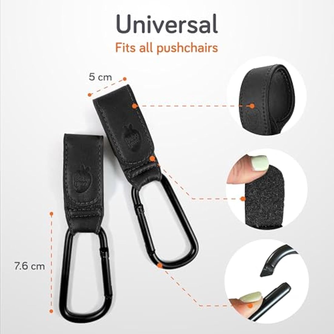 Baby Uma Leather-Style Buggy Clips (2 Pack) - Universal Pram Clips, Non-Slip Buggy Accessories, Carry 5 kg per Carabiner, Baby Travel Essentials (Black)
