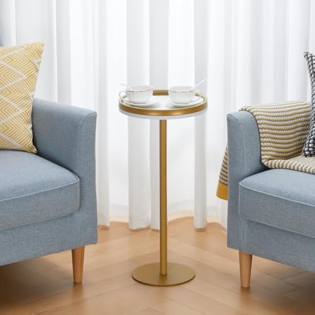 ZEXVIDA Small Round Coffee Table for Small Spaces,Drink Table for Living Room, Bedroom, Bathroom,Balcony (White Gold)