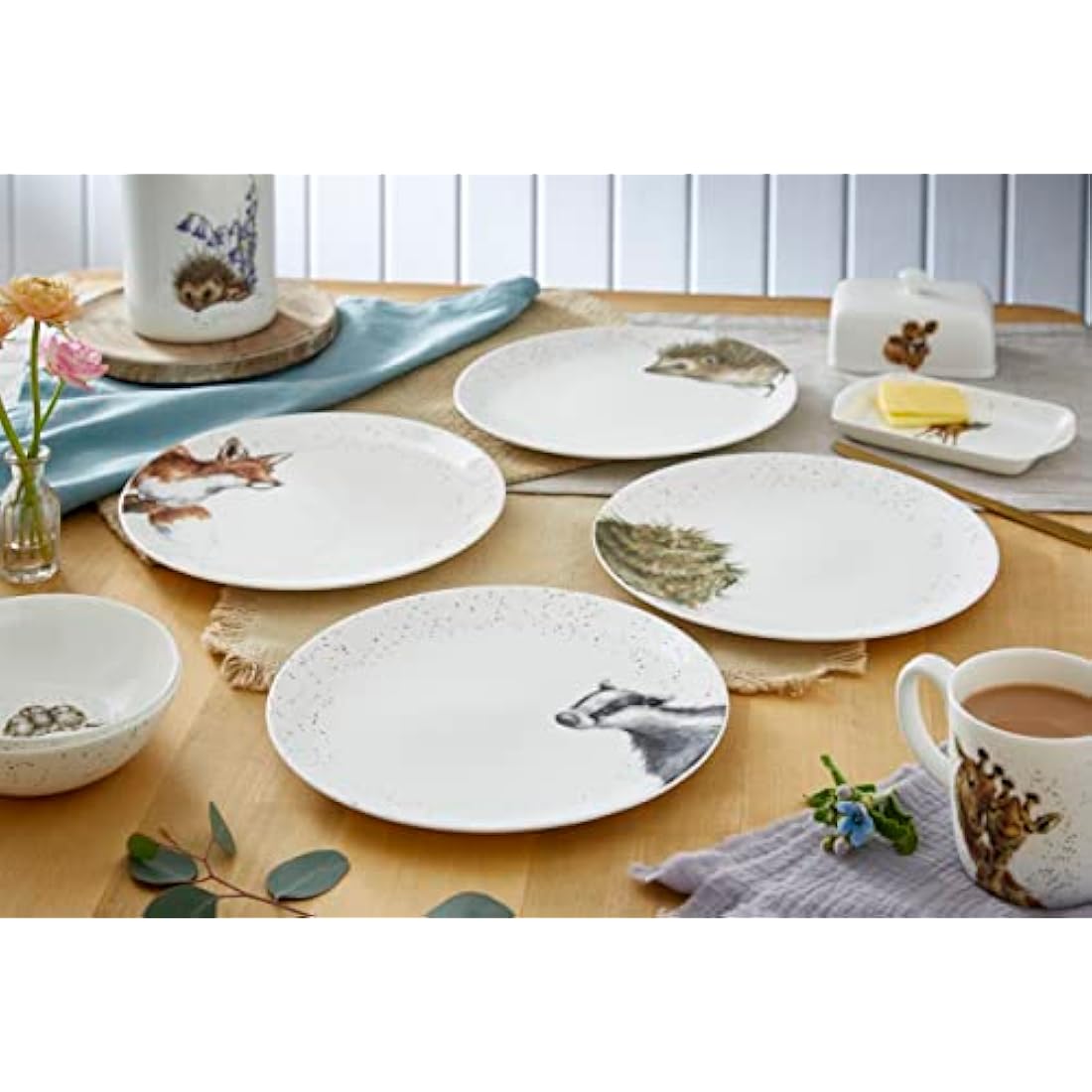 Wrendale Designs Royal Worcester Ceramic Plate in Two Sizes Hedgehog Badger Fox and Owl Set of 4 (26 CM Dinner Plate)