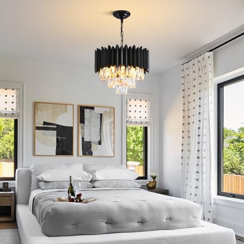 Modern Crystal Chandeliers 3-Tier K9 Round Crystal Chandeliers Light Fixture Small Black Ceiling Light Fixture for Dining Room Living Room Bedroom Entryway ，E14*5Light