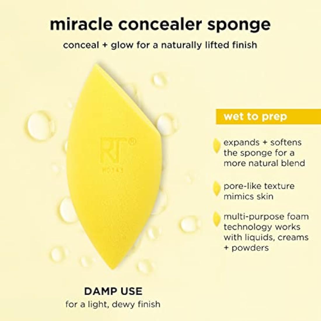 Real Techniques Miracle Concealer Sponge - Elongated Shape for Precise Application, Yellow Latex-Free Foam, 2 Count