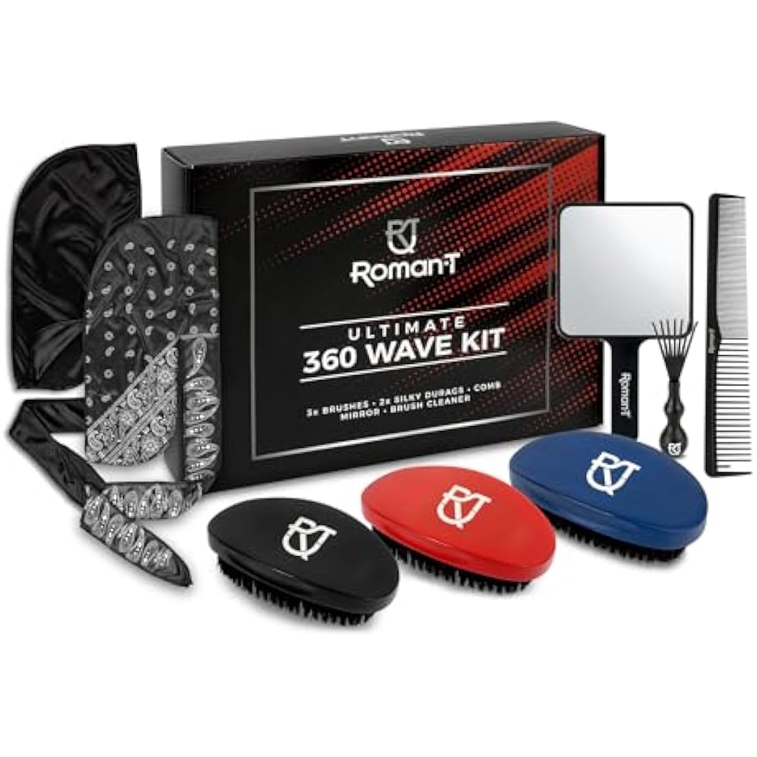 Roman-T 8-in-1 360 Wave Brush Kit - Grooming Kit for 360 Waves - 3 Wave Brushes, Soft, Medium & Hard - 2 Silky Satin Durag - Black & Black Paisley, Hand Mirror, Comb, Hair Brush Cleaner - Gift Set