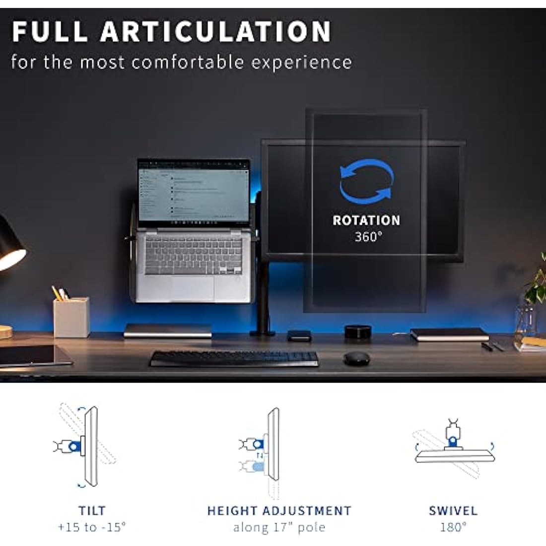 VIVO Black Fully Adjustable 13 to 32 inch Single Computer Monitor and Laptop Desk Mount Combo, Stand with Grommet Option, Fits up to 17 inch Laptops (STAND-V002C)