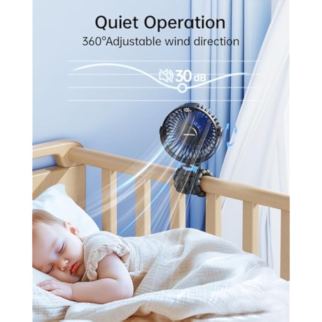 SWEETFULL Portable pram fan, LED Display 4000mAh Battery Operated Mini Stroller Fan, 4 Speed Rechargeable Small Personal Fan Handheld Desk Cooling pushchair Fan For Car Seat Crib buggy