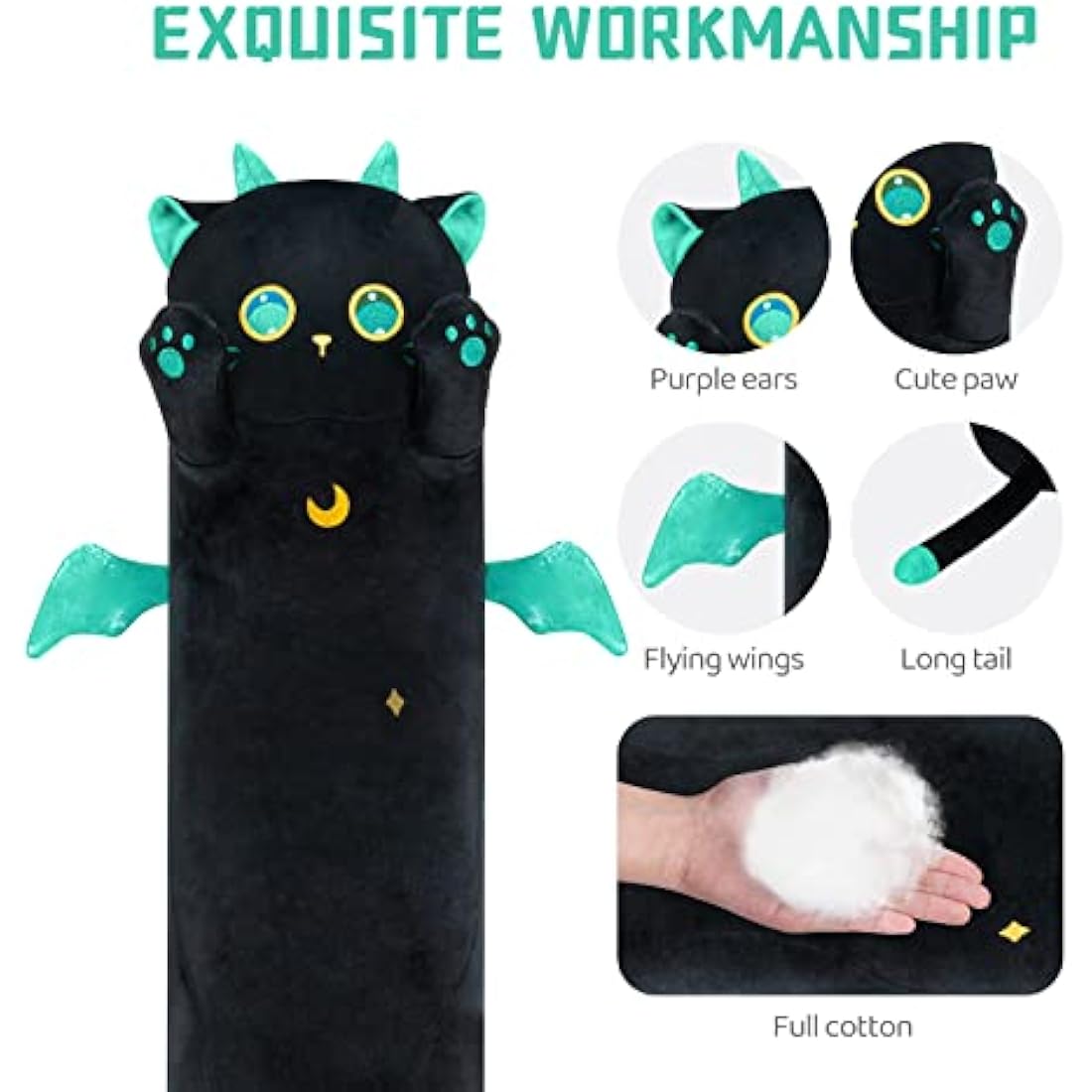 Mewaii 20in Long Cat Plush Pillows Stuffed Animals Squishy Pillows - Plushie Cute Big Green Eyes Sleeping Hugging Plush Pillow Soft Toys for Kids(Black)