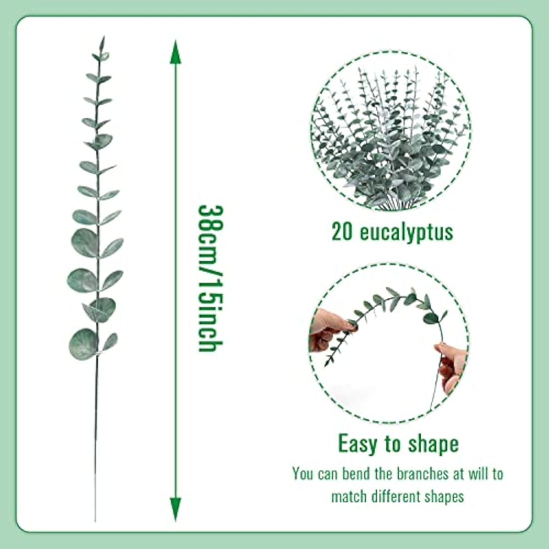 Yueshop 20PCS Eucalyptus Stems 38cm/15in Artificial Green with Hoarfrost Effect Vine Leaves Garland for Home, Wedding, Shop Decoration