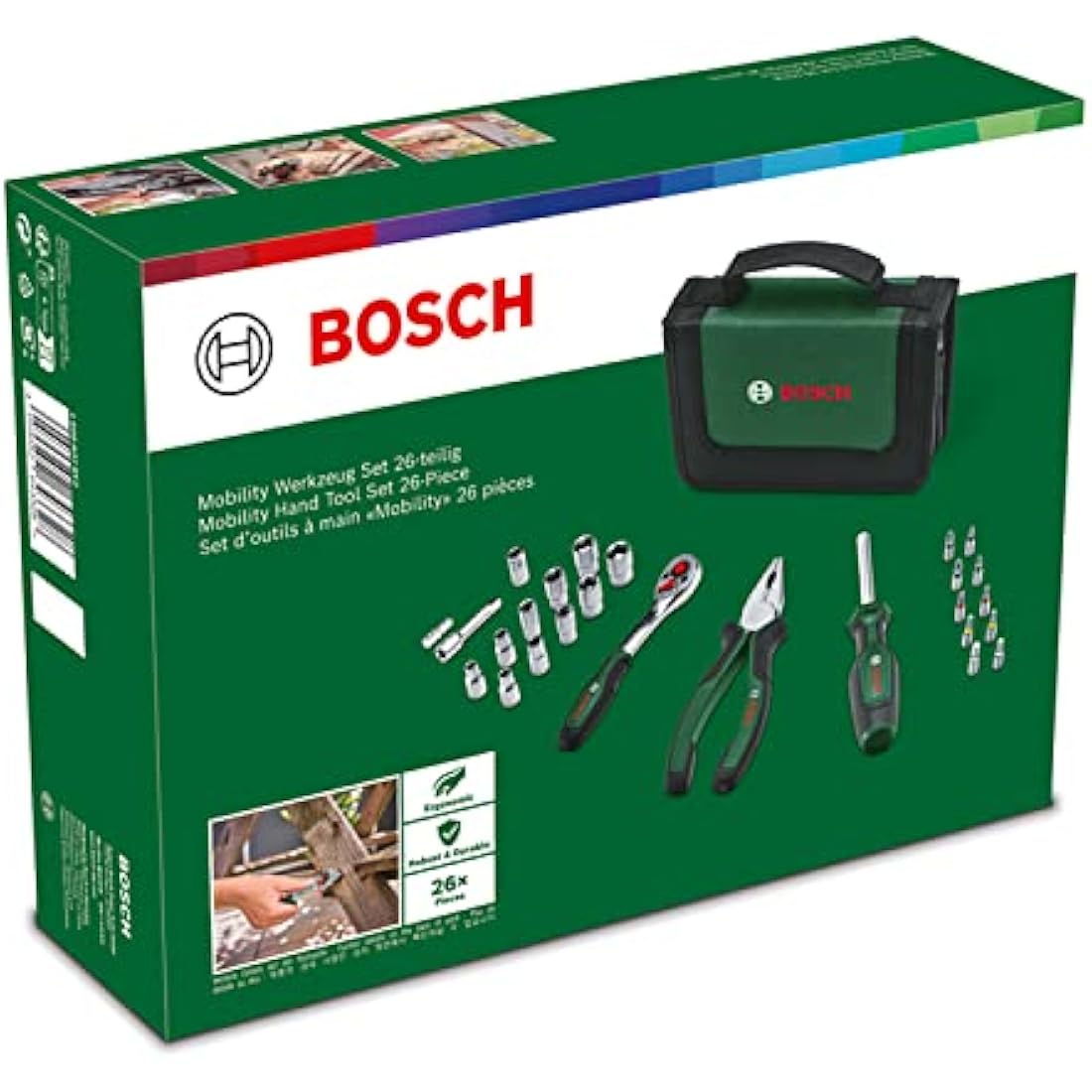 Bosch Mobility Hand Tool Set 26-Piece (Compact and Portable Tool Kit for DIY Tasks; Optimal Choice on The Road; 1/4" Ratchet; Combination Pliers; Universal Screwdriver; in Fabric Bag)