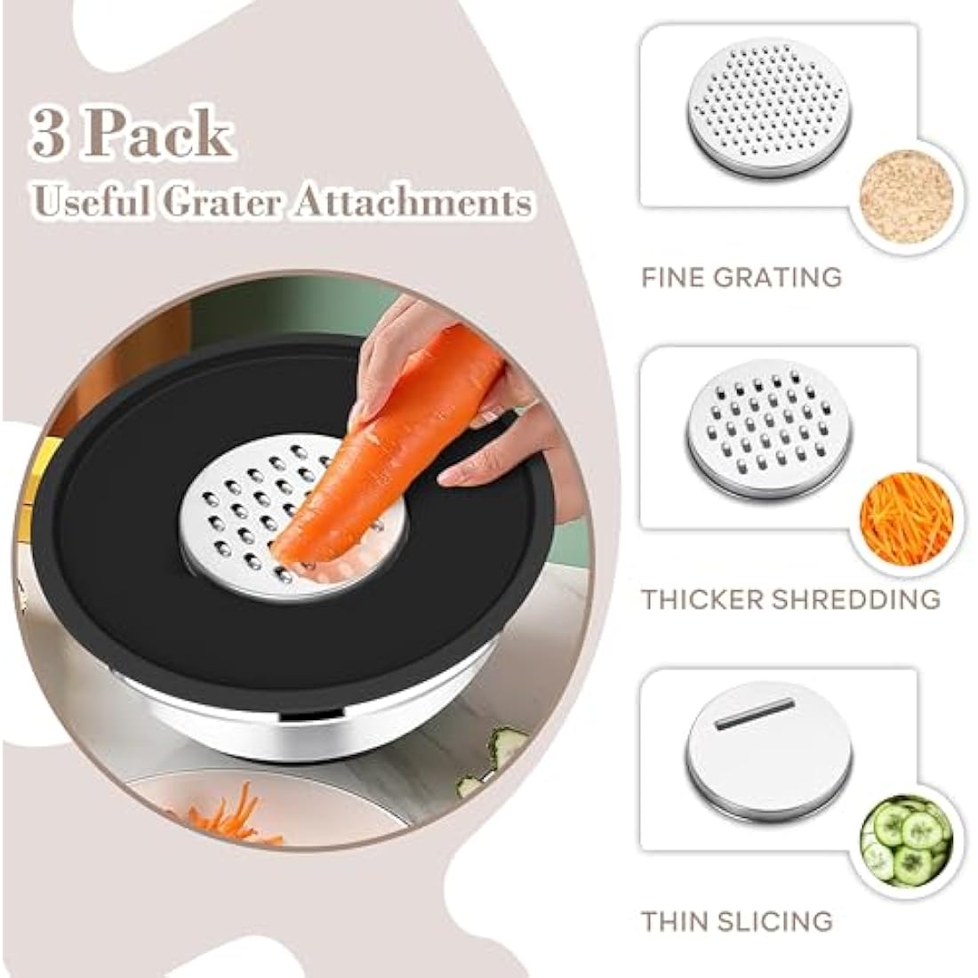 Onader Stainless Steel Mixing Bowls, 6-Piece Metal Salad Bowl for Kitchen Baking Cooking Serving, Airtight Lids & 3 Graters & Silicone Bottom, Size 0.7/1.2/1.6/2.5/2.8/4.6QT - Black