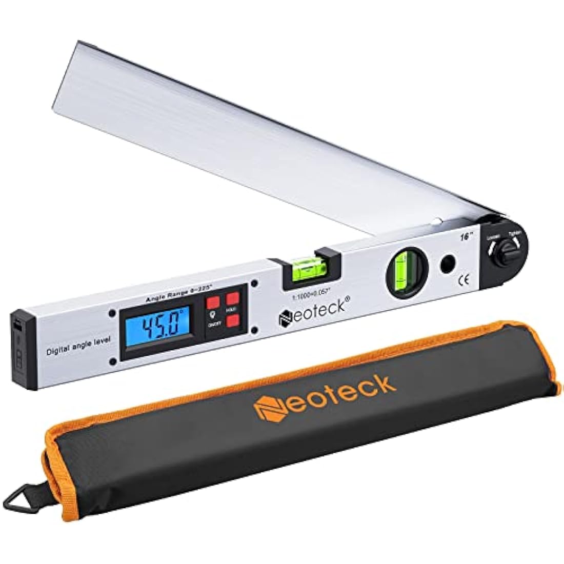 Neoteck Aluminum Digital Angle Finder Protractor 225° 16 inch Backlit LCD Digital with Horizontal and Vertical Bubble - Silver