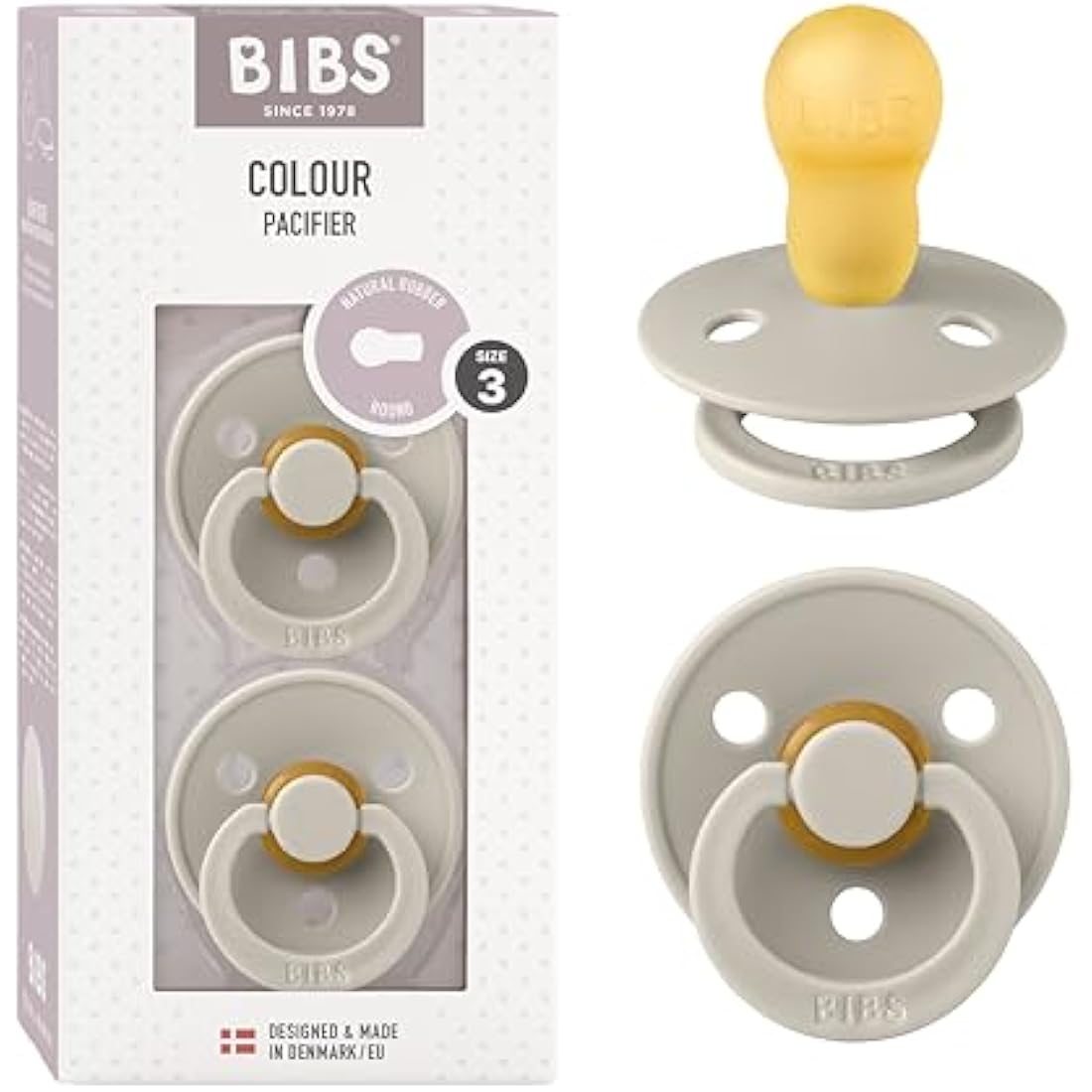 BIBS Colour Soother 2-Pack, BPA Free Dummy Pacifier, Round Nipple. Natural Rubber Latex, Made in Denmark, Size 3 (18+ Months), Sand