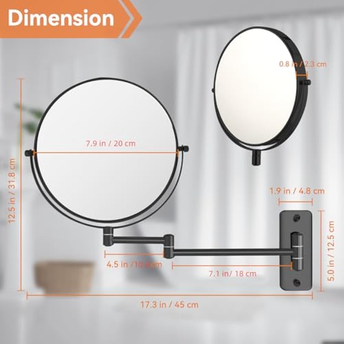 AumVum 8 inch Makeup Mirror Wall Mounted, 1X/10X Double-Sided Wall Mount Magnifying Bathroom Shaving Mirror with Extendable Arm, 360° Swivel for Bathroom Vanity and Makeup, Matte Black（No Light）
