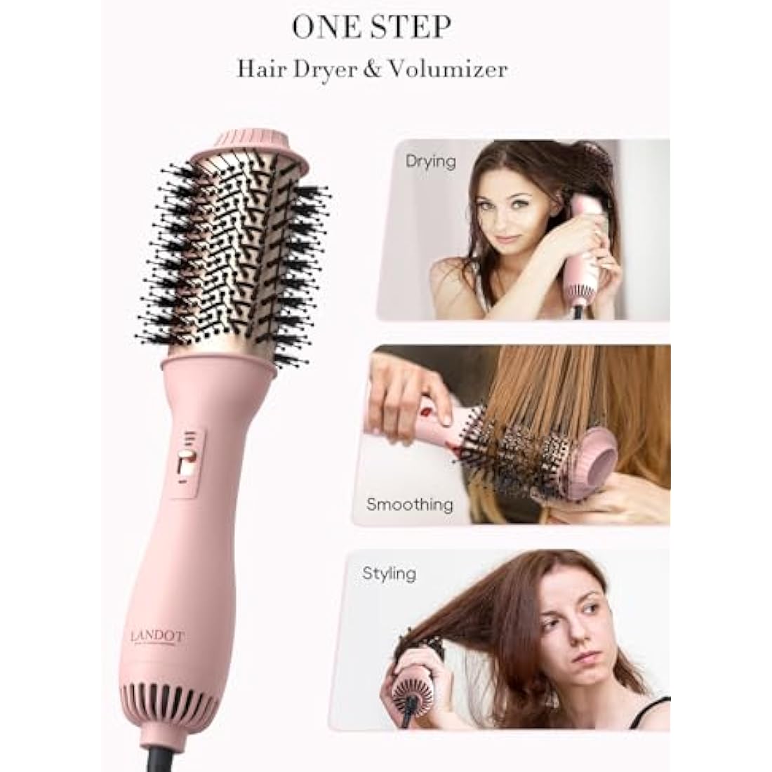 LANDOT Hot Blow Hair Dryer Brush: Upgraded Plus 2.0 Hot Air Brush - One-Step HairDryer Styler and Volumizer 4 in 1 for Drying Straightening Curling Volumizing Hair - Fight Frizz and Add Volume