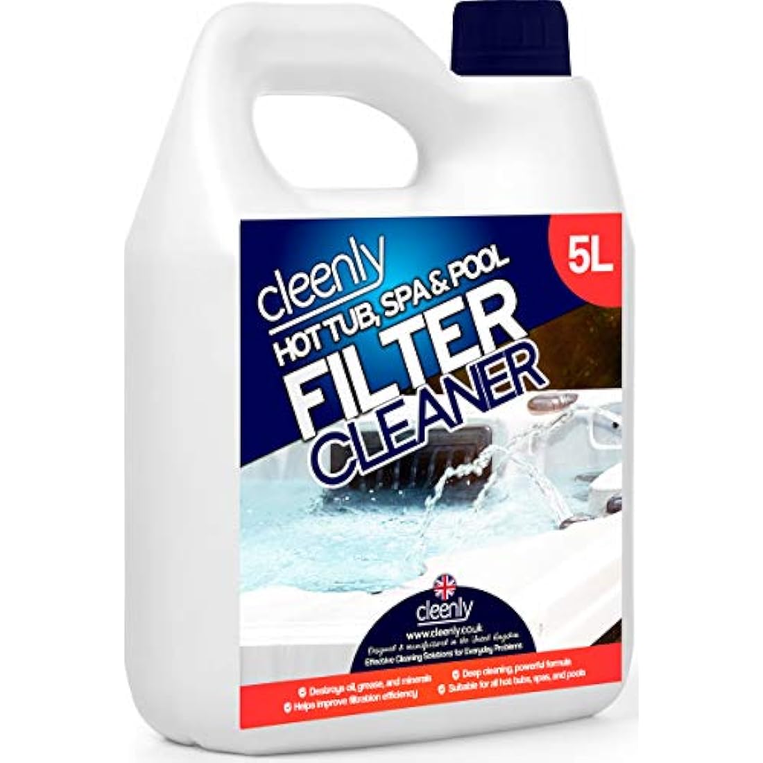 Cleenly Powerful Hot Tub Filter Cleaner Solution - for Hot Tub, Pool and Spa - Destroys, Oil, Grease, Minerals (5 Litres)