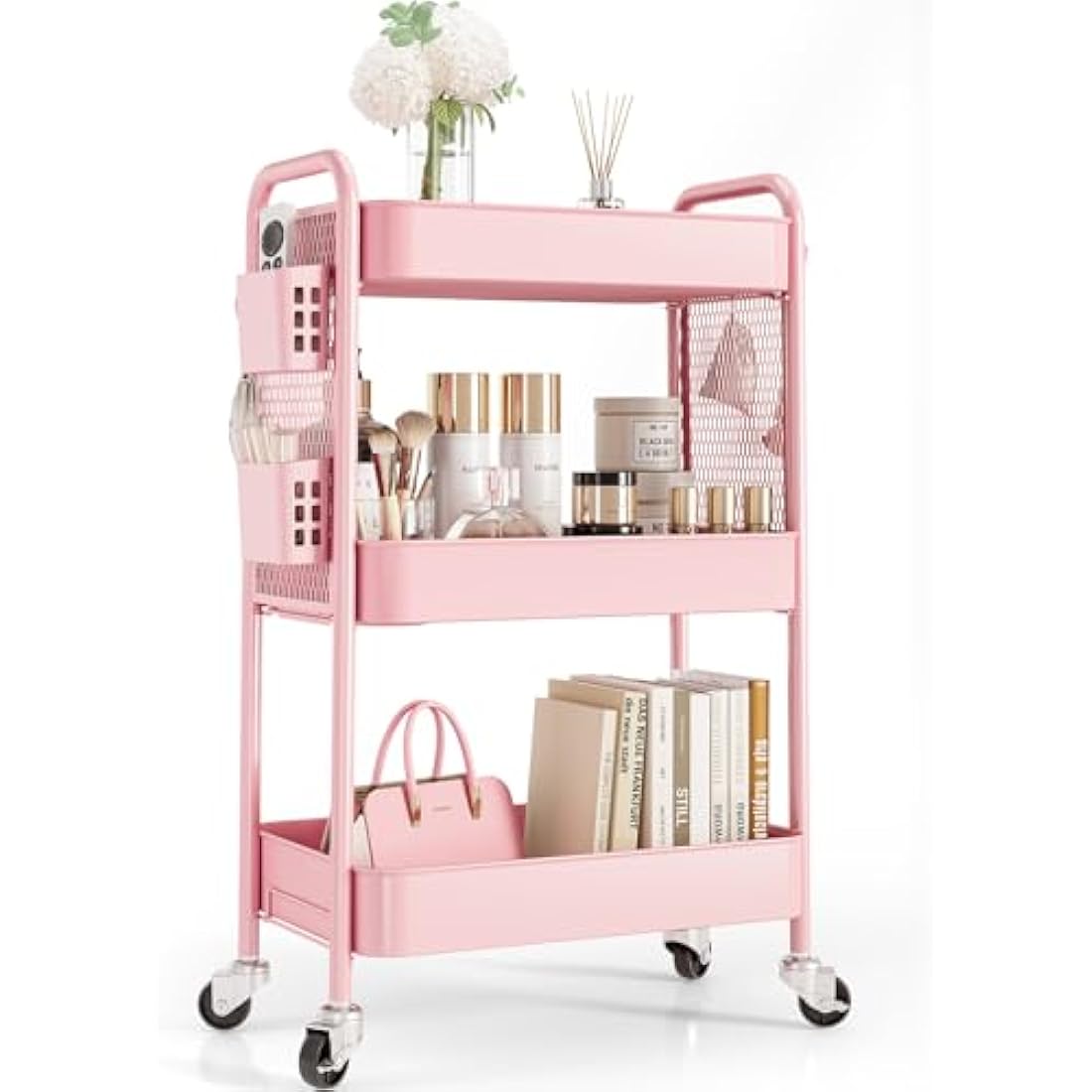 Urackify Storage Trolley on Wheels for Variety Applications, 3 Tier Trolley with Extra DIY Pegboards,Handing Bins, and Hooks for Living Room, Kitchen, Bathroom, Office, Classroom, Pink
