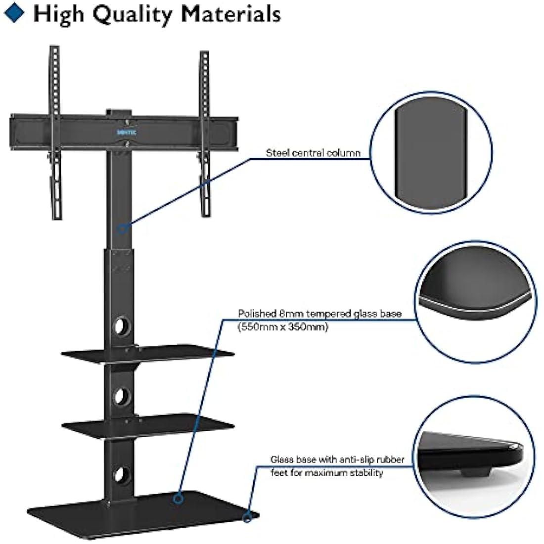 BONTEC Universal Floor TV Stand for 30-70 inch LED OLED LCD Plasma Flat Curved Screens, Height Adjustable Tall TV Stand with 3-Tier Tempered Glass Shelves up to 40KG, Max VESA 600x400mm