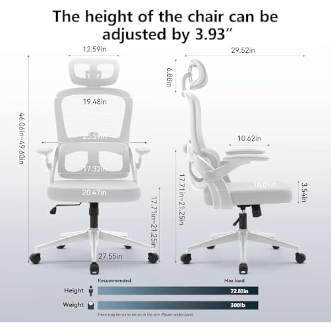 SIHOO M102C Ergonomic Mesh Office Chair, High Back desk chair with 3D Armrests, Up&Down Lumbar Support, Swivel Computer Task Chair, White Frame and Light Grey Mesh