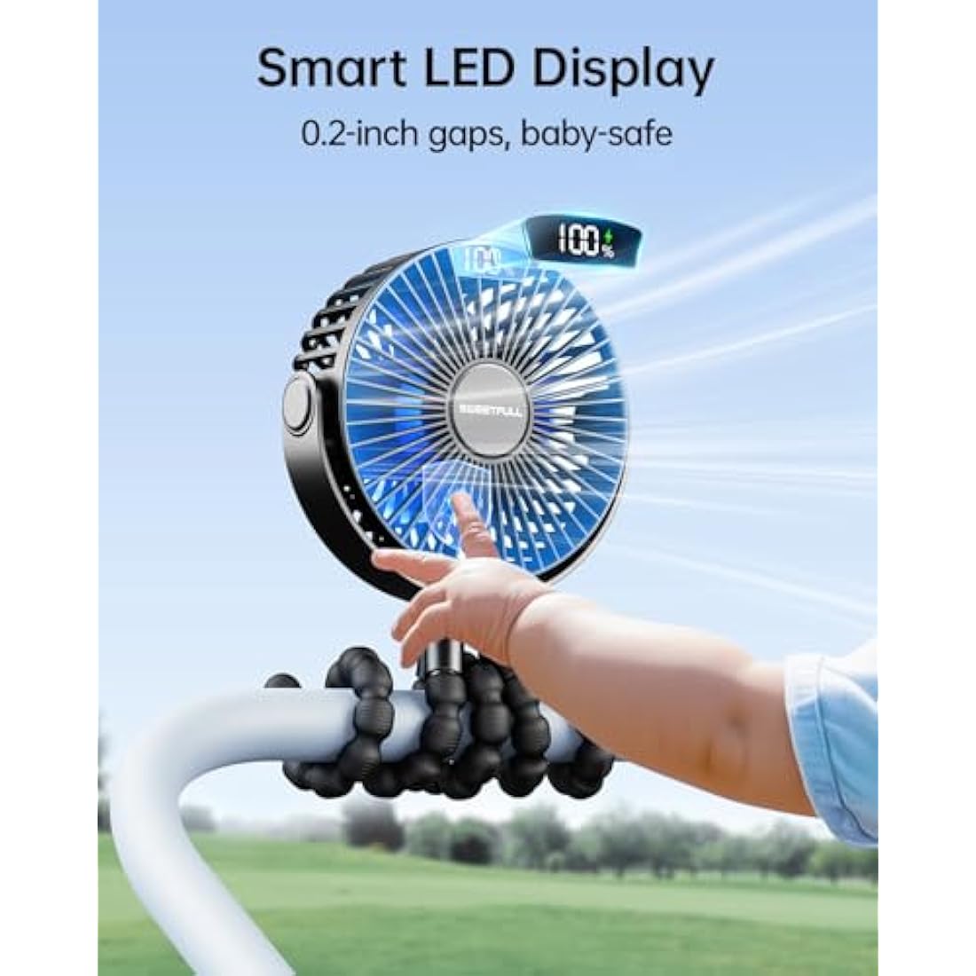 SWEETFULL Portable pram fan, LED Display 4000mAh Battery Operated Mini Stroller Fan, 4 Speed Rechargeable Small Personal Fan Handheld Desk Cooling pushchair Fan For Car Seat Crib buggy