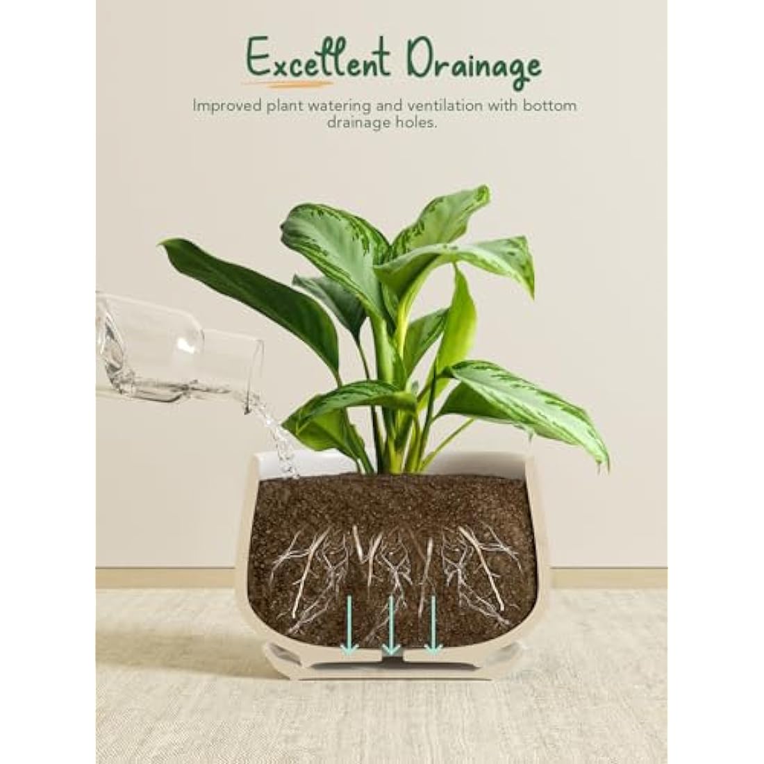 LE TAUCI Plant Pots, 10+13+16 cm Planters, Set of 3 Ceramic Planters with Drainage Hole and Saucer, Indoor Plant Pot with Hole Mesh Pad, Gifts for Mom, White